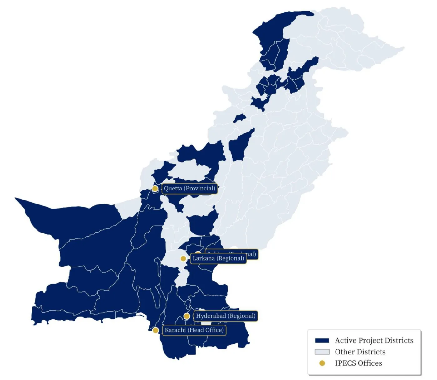 Map of Pakistan showing IPECS active project districts, head office in Karachi, and regional offices in Hyderabad, Larkana & Quetta